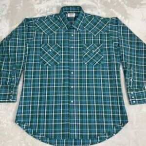 VTG Rudduck Shirt Mens XL Green Plaid Pearl Snap Long Sleeve Rodeo Western Farm